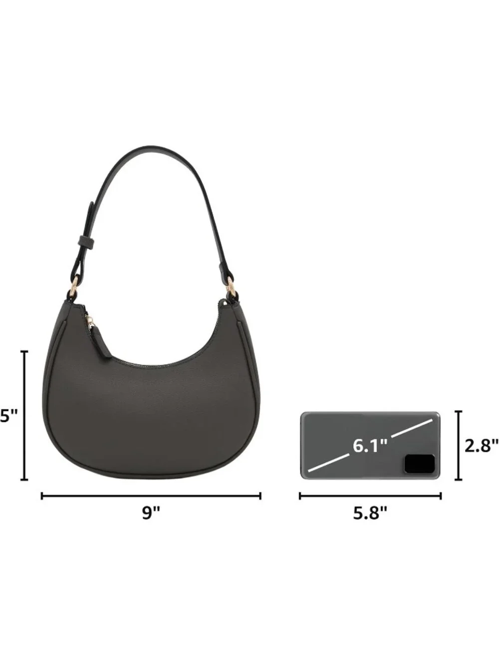 Women Dark Grey Small Crescent For Trendy Underarm Purse Zipper Shoulder Bag